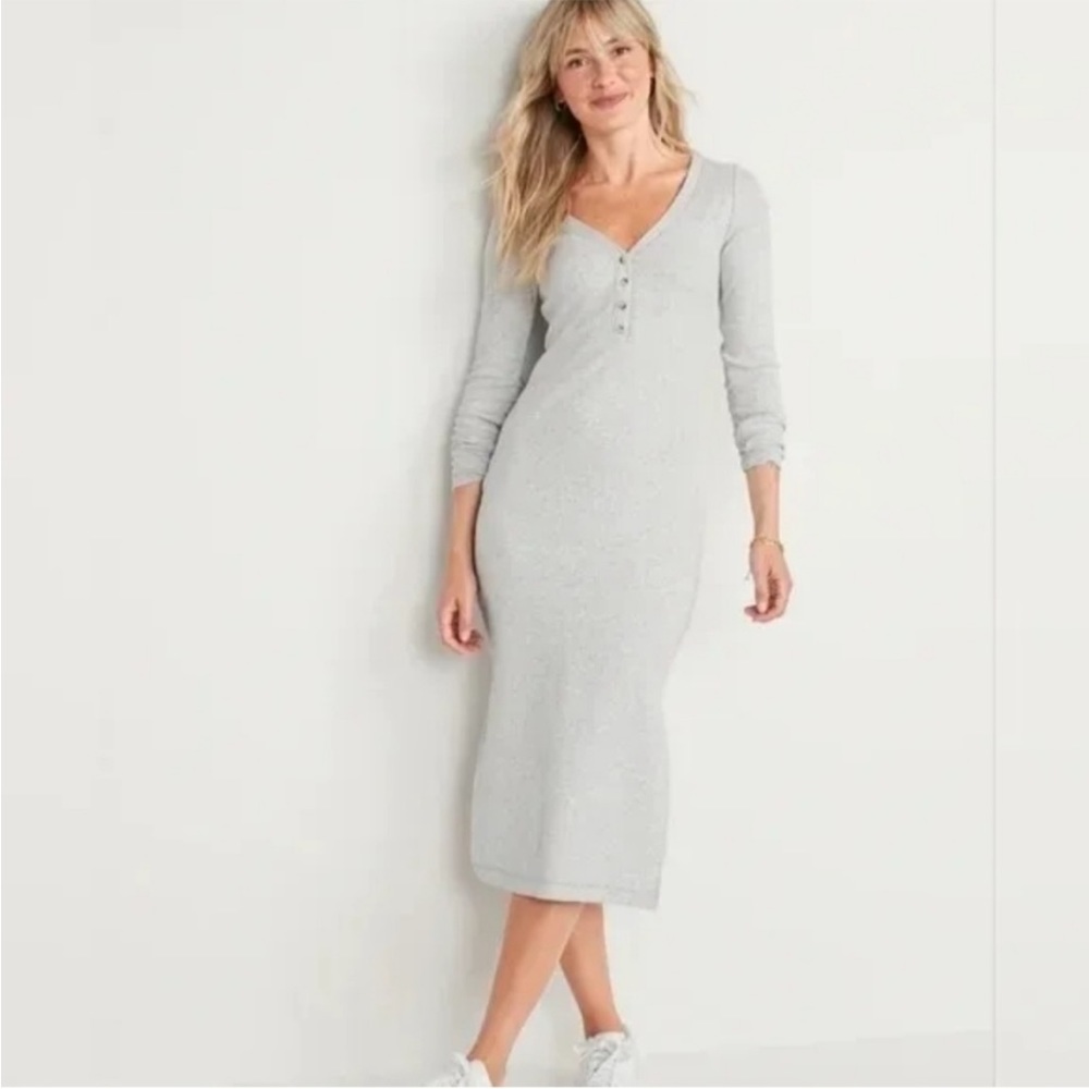 Old Navy Fitted Long-Sleeve heathered rib-knit Henley midi dress